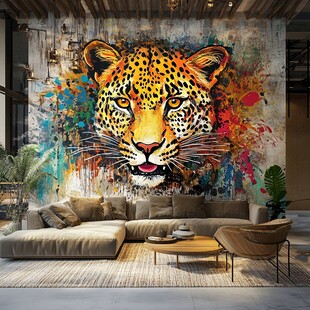 豹纹艺术壁画装饰的客厅空间