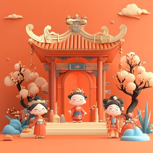 古风卡通场景中的可爱仕女