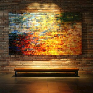 墙上抽象画旁的木质长椅