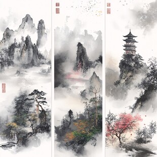 水墨山水三联画意境悠远