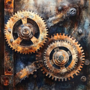 生锈齿轮的机械艺术画面