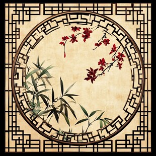 中式花鸟窗格装饰画