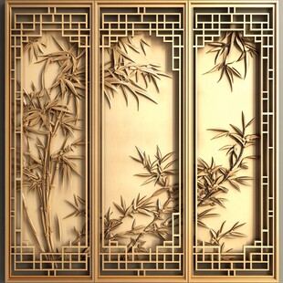 中式竹纹木雕屏风装饰