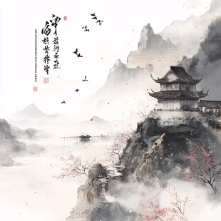 水墨山水间的古风楼阁