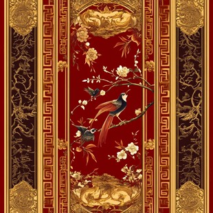 中式红底金纹花鸟装饰图案