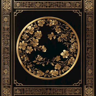 中式黑金花卉边框图案设计