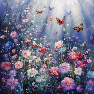 梦幻花田中的蝴蝶飞舞