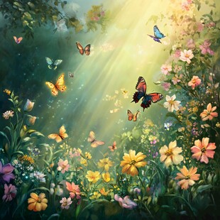 梦幻花丛中蝴蝶飞舞图景