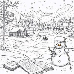 冬日雪中小屋与读书雪人