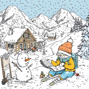 雪地中孩子与雪人旁的阅读时光