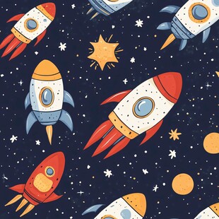 卡通火箭在星空遨游图案