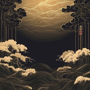 古风云海浪涛中式意境图