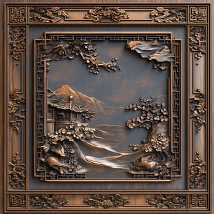 中式木雕山水风景装饰画