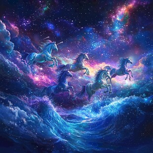梦幻星空下的独角兽奔腾