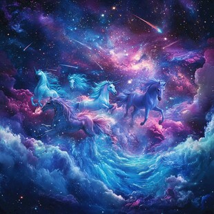 梦幻独角兽在星空中奔腾