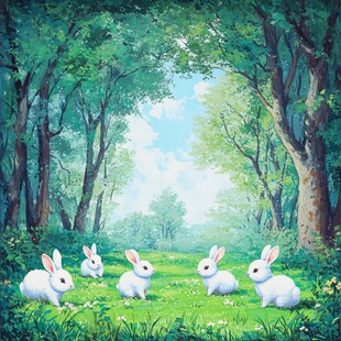林间白兔嬉戏的清新场景