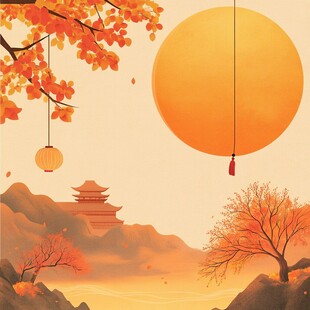 秋日圆月古景诗意画面