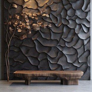 创意纹理墙面与木质长凳