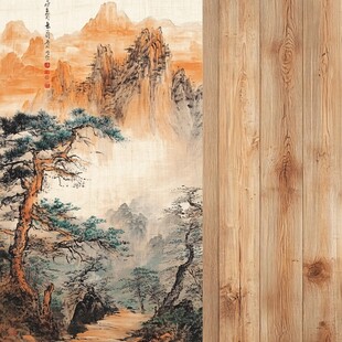 中式山水与木纹装饰搭配
