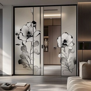 中式花卉艺术玻璃推拉门