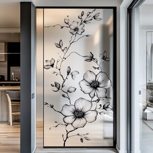 中式花卉玻璃隔断门设计