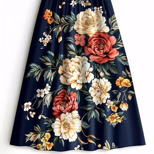 深蓝花卉印花半身裙