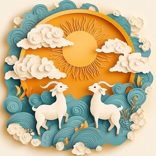 双羊迎日剪纸风祥瑞图景
