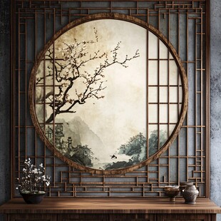 中式圆窗山水意境装饰画