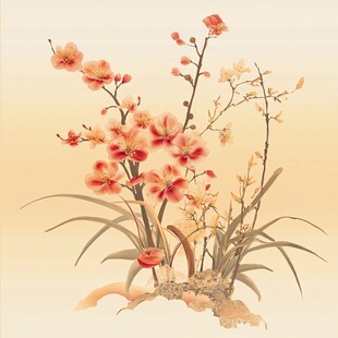 水墨花卉图 红梅幽兰共生