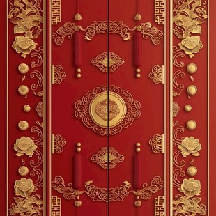 中式红金雕花双开大门