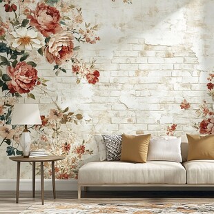 复古花卉砖墙风客厅场景