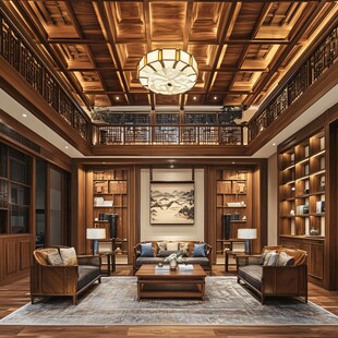 中式典雅双层书房客厅空间