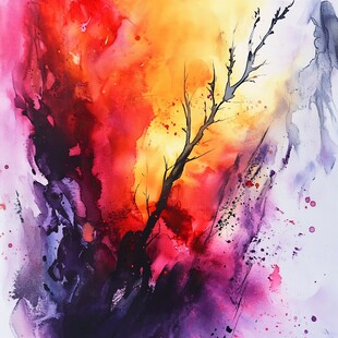 梦幻水彩树枝抽象艺术画