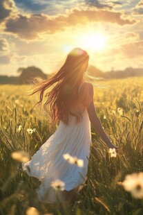 夕阳下田野中漫步的白衣女子