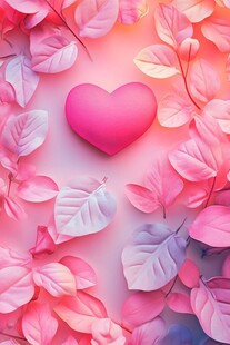 粉色心形与花叶浪漫画面