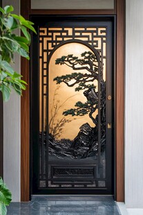 中式雕花门饰 迎客松景致