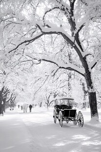 雪林中的复古马车浪漫场景