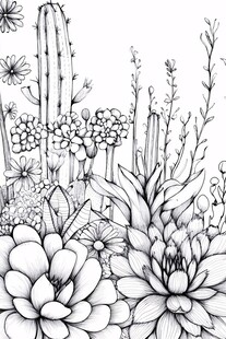 黑白手绘多肉与仙人掌景观