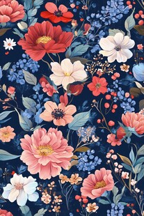 深蓝底多彩花卉图案