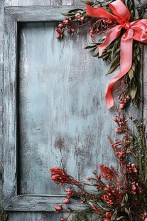 复古木框配粉色丝带与红果