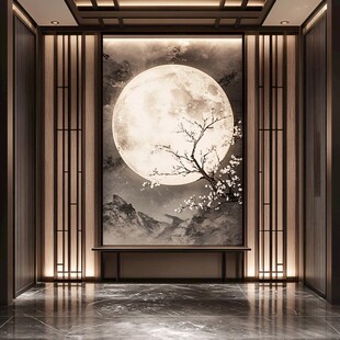 中式玄关处的月夜山水挂画