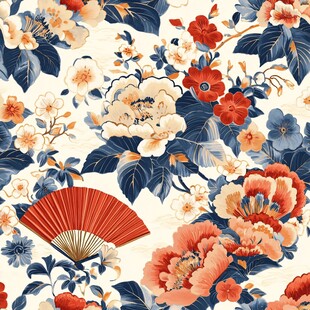 中式花卉与折扇图案设计