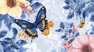 蓝底花卉蝴蝶梦幻图案