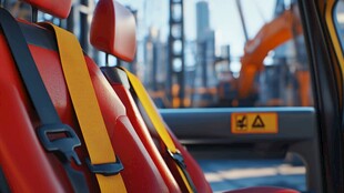 挖掘机内的红色座椅与警示