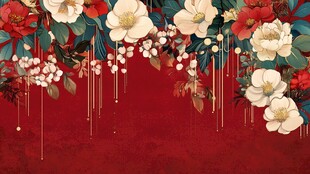 中式红底花卉装饰图案