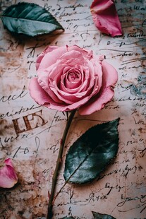 粉色玫瑰静置于复古信笺上