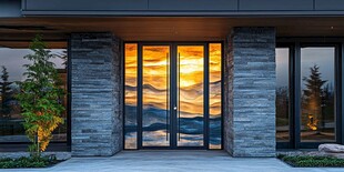 夕阳下的现代住宅玻璃门