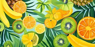 热带水果与绿叶缤纷插画
