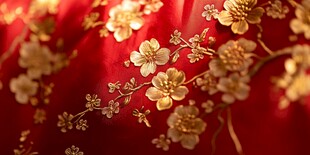 红色锦缎上的精美金花刺绣