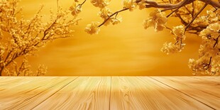 金色花枝下的木质平台